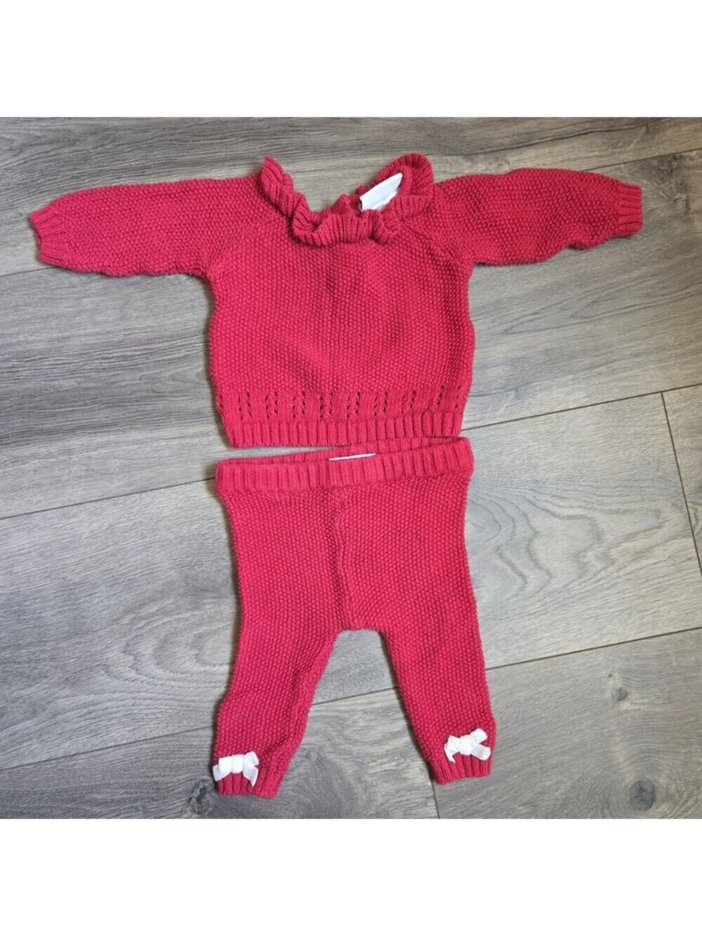 Nicole Miller Baby Girl 0-3M Red Knit Sweater Set Ruffle Collar Bow Pants Cotton